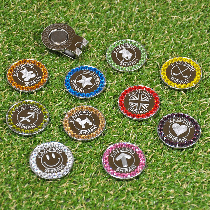 ゴルフマーカー 名入れ 刻印 ガラスストーン 10色展開 50デザイン マグネット入ハットクリップ付 ラウンド用品 コンペ 景品