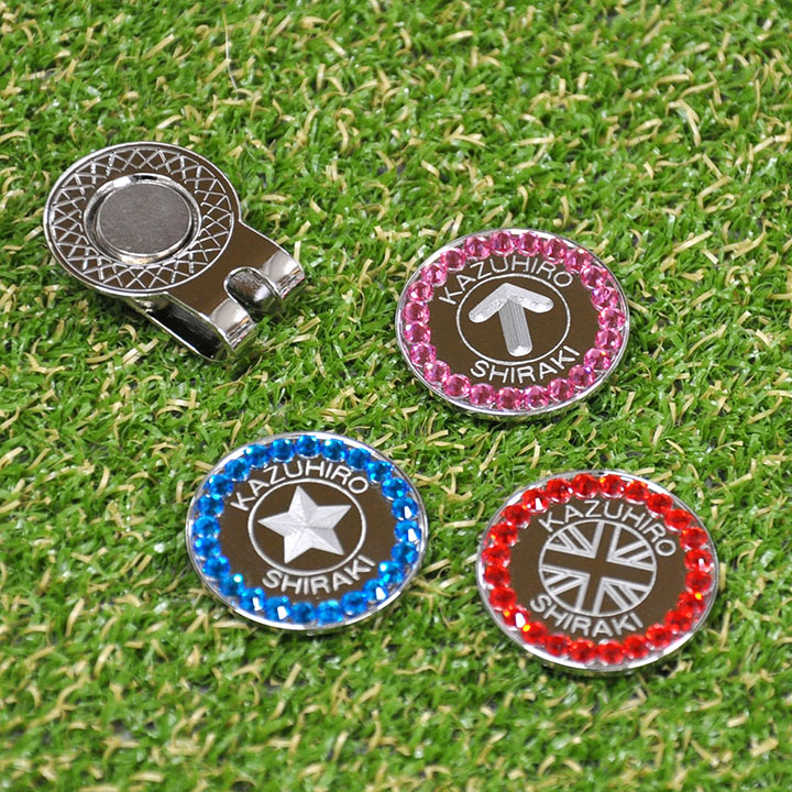 ゴルフマーカー 名入れ 刻印 ガラスストーン 10色展開 50デザイン マグネット入ハットクリップ付 ラウンド用品 コンペ 景品