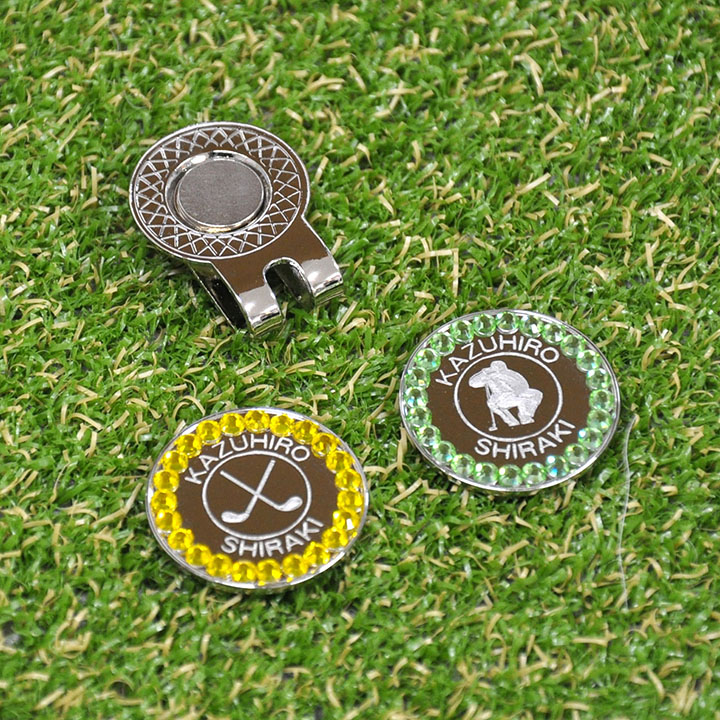 ゴルフマーカー 名入れ 刻印 ガラスストーン 10色展開 50デザイン マグネット入ハットクリップ付 ラウンド用品 コンペ 景品