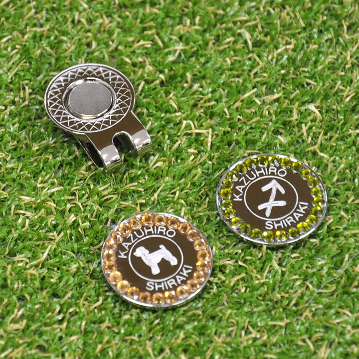 ゴルフマーカー 名入れ 刻印 ガラスストーン 10色展開 50デザイン マグネット入ハットクリップ付 ラウンド用品 コンペ 景品