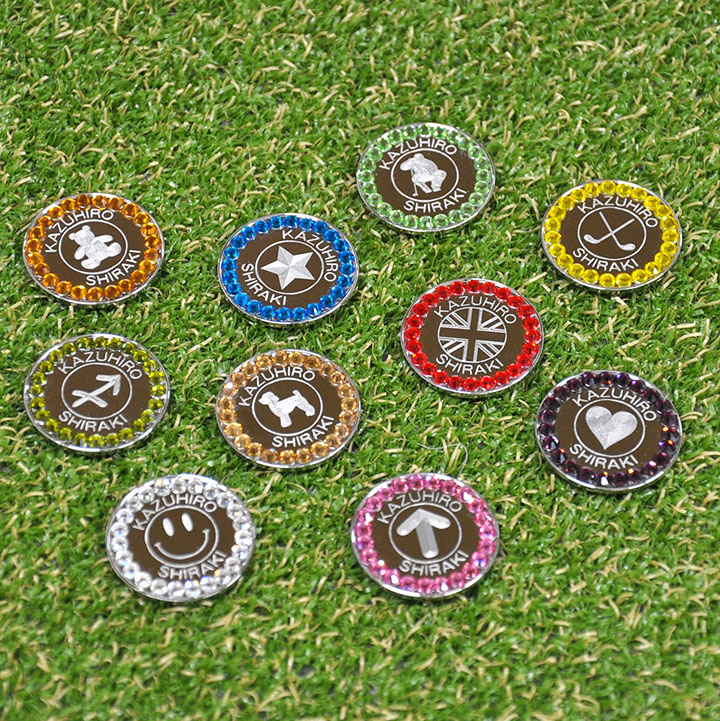 ゴルフマーカー 名入れ 刻印 ガラスストーン 10色展開 50デザイン マグネット入ハットクリップ付 ラウンド用品 コンペ 景品